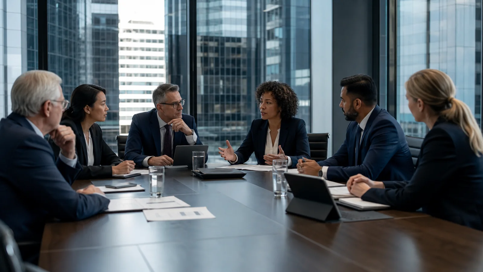 Senior financial-institution executives discussing governance and long-term institutional control