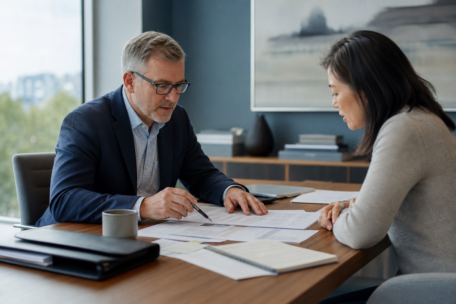 A financial advisor and customer reviewing mortgage paperwork during a trusted consultation