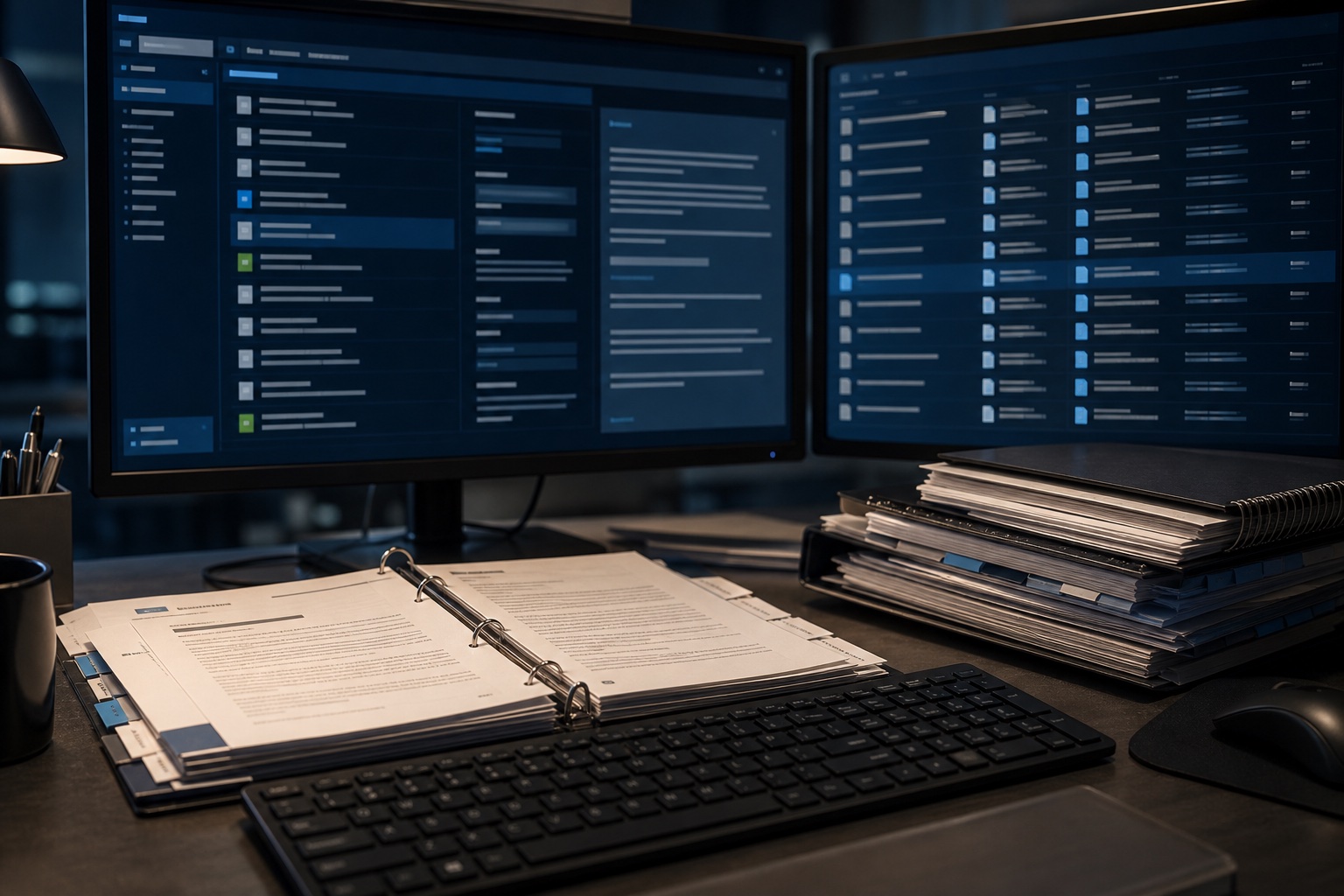 An internal policy portal and document repository surrounded by institutional reference material
