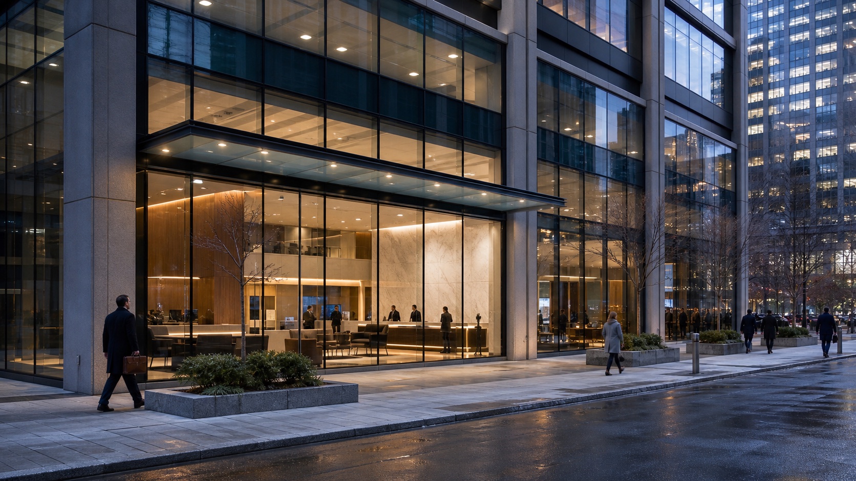 A modern glass-fronted financial institution in a Canadian downtown banking district