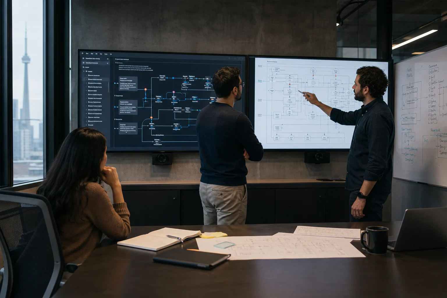 An operations and technology team reviewing workflow maps and process architecture across large displays