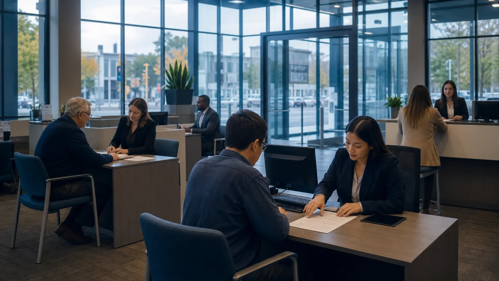 Employees serving customers during everyday operations in a modern unbranded bank branch