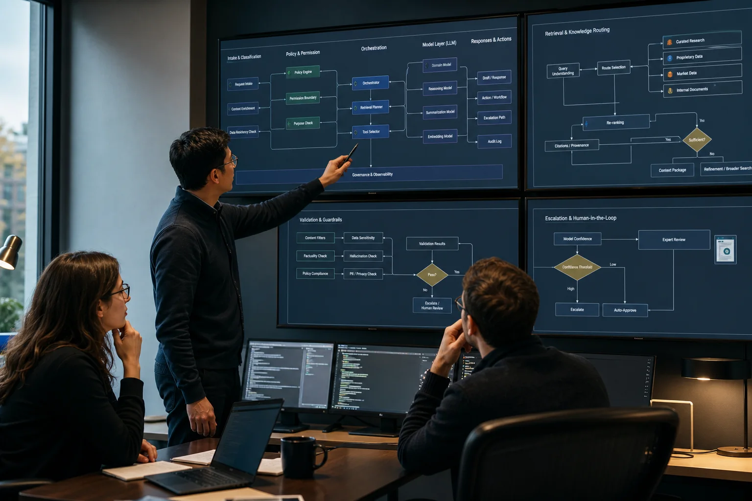 Enterprise AI researchers reviewing model routing, retrieval, validation, policy gates and human-review pathways