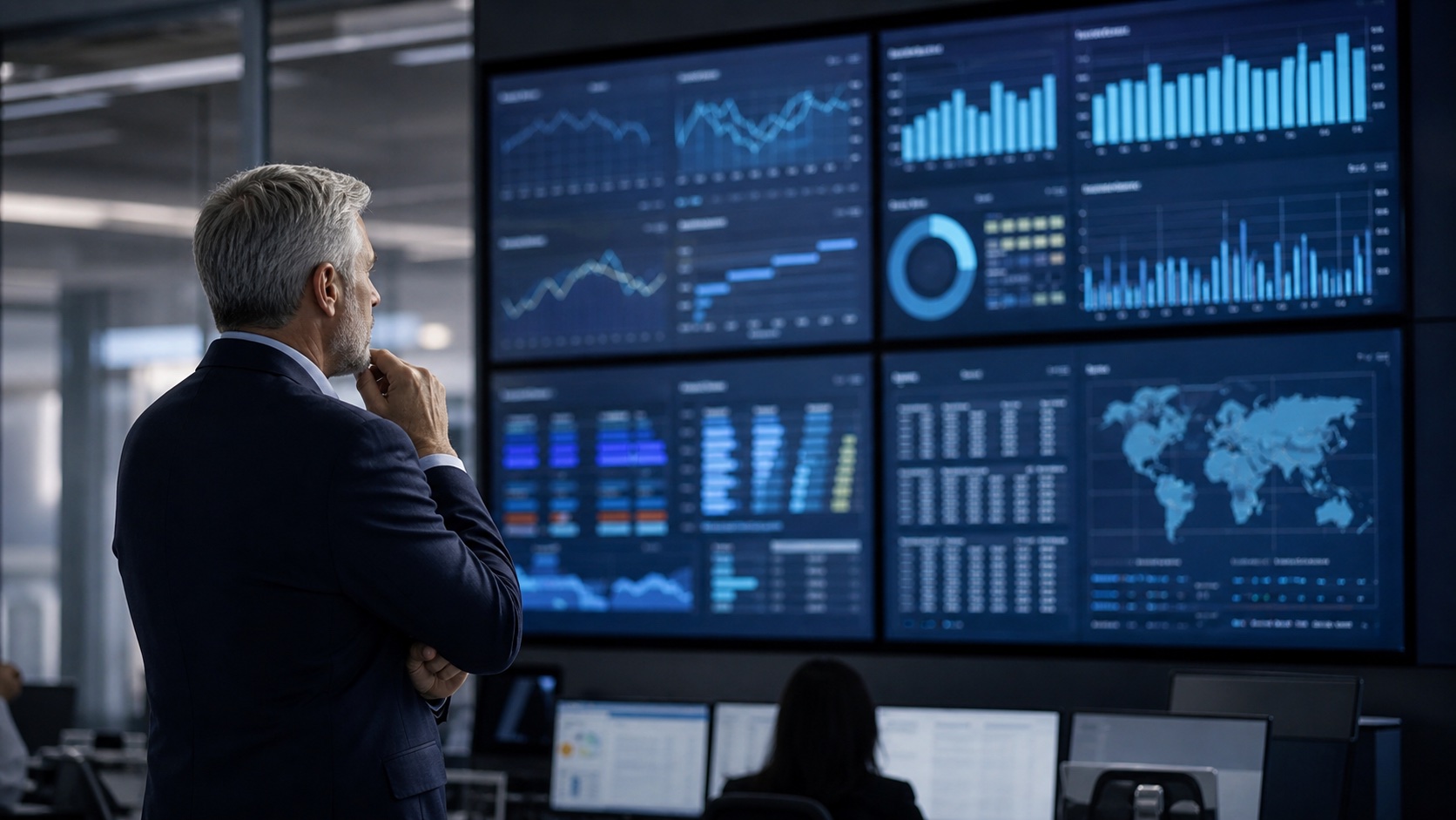 An executive reviewing operational reports and performance information