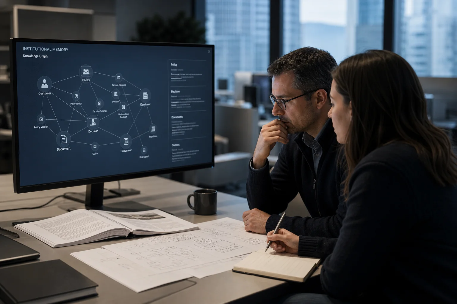 Researchers studying a knowledge graph, policy material and architecture notes in an institutional intelligence workspace