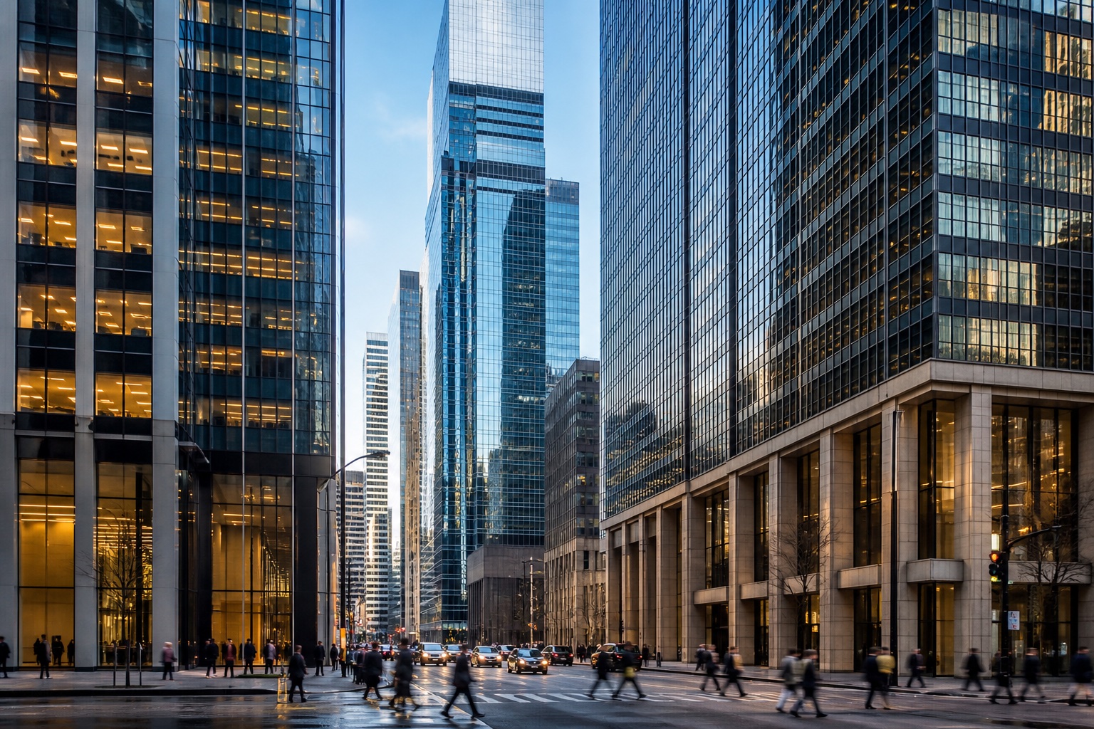 An unbranded Canadian financial district with enduring institutional towers and people moving through the city.