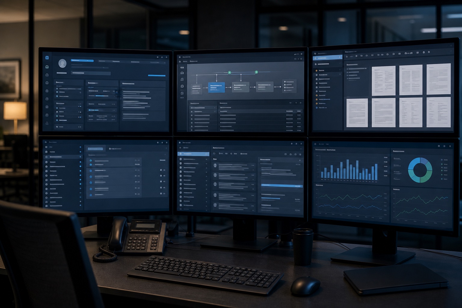 A financial-institution workstation displaying customer, lending, workflow, policy and document systems